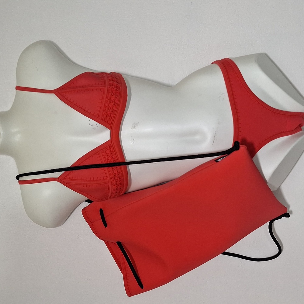 triangl swimwear Coral Red Triangle Bikini Set with Matching Neoprene Bag
